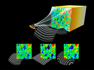Image 1 (Top) from animation of WMAP receiving three space geometry scenerios: Open, Flat, and Closed.